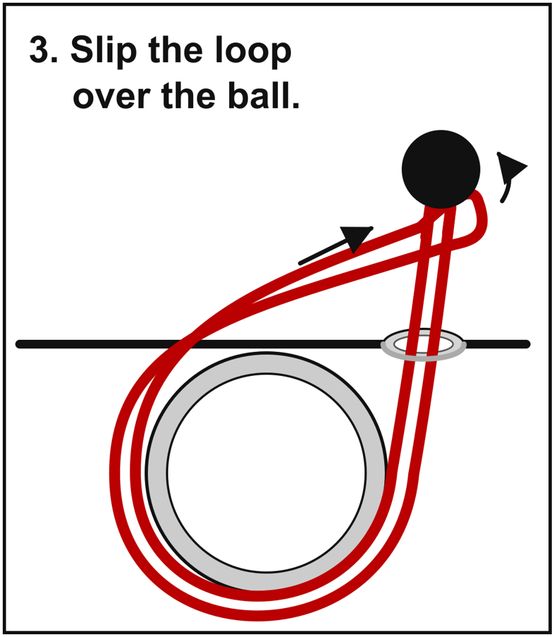 Step 3: Slip the loop over the ball. The loop comes back over the top and is pulled over the ball to lock it.